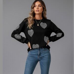 Rhinestone Heart Pattern Crew Neck Sweatshirt Black